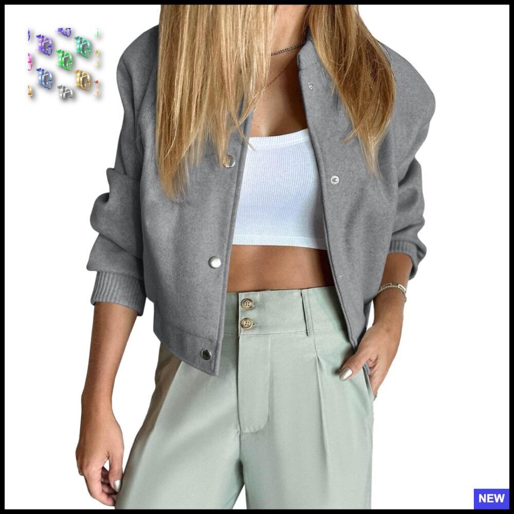Cropped Bomber Jacket Wool Blend Varsity Pea Coat Long Sleeve Button Casual